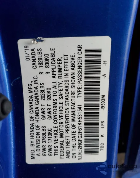 2019 Honda Civic Lx z USA, uszkodzony, nr VIN 2HGFC2F61KH531541